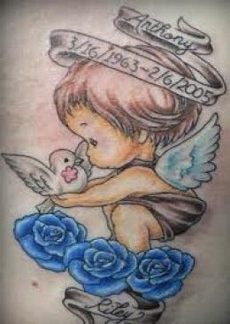 Baby Angel With Love Bird And Flowers Tattoo Design